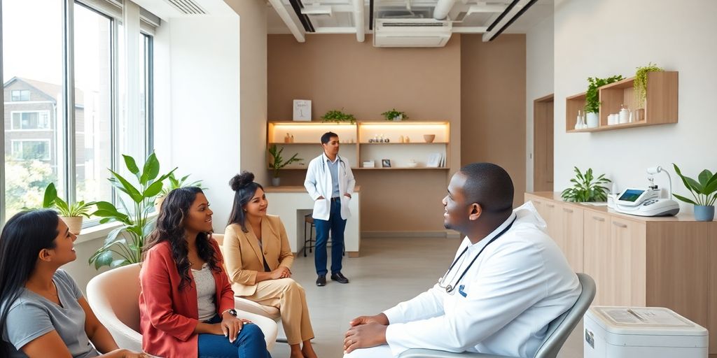 Interior de clínica de bem-estar com pacientes e médico.