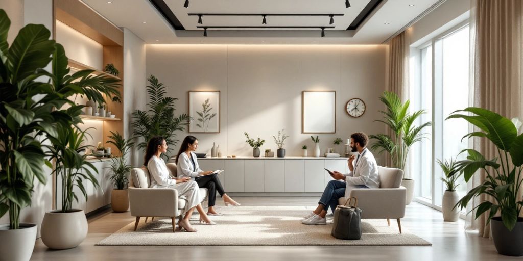 Interior de clínica de bem-estar moderno e acolhedor.