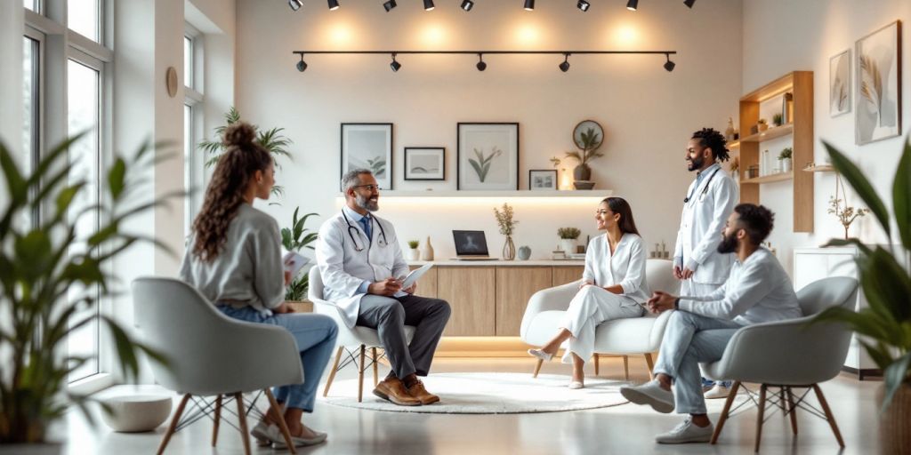 Interior de clínica de saúde moderna com pacientes e médico.