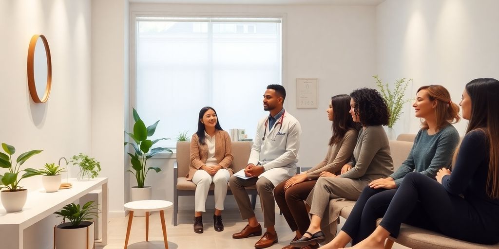 Interior moderno de clínica de bem-estar com pacientes.