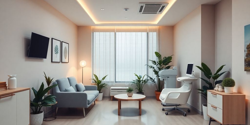 Interiores de clínica de bem-estar com pacientes e médico.