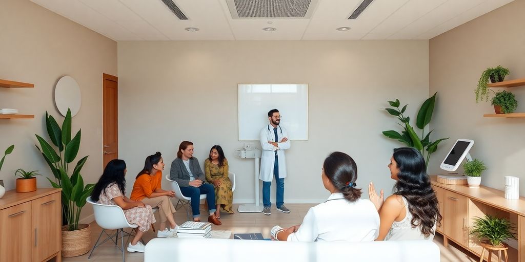 Interior de clínica de bem-estar com pacientes e médico.