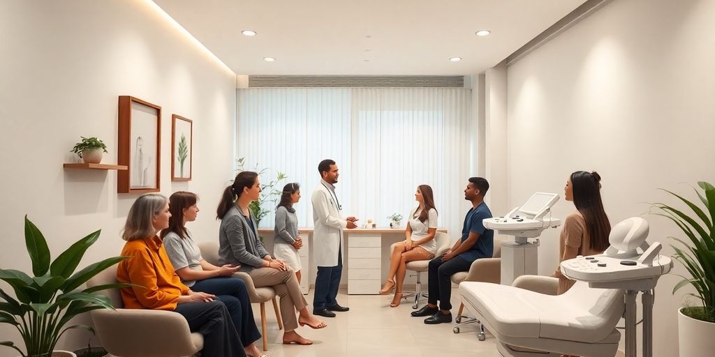 Interior de clínica moderna com atendimento inclusivo.