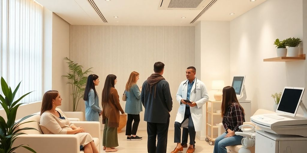 Consultório moderno com pacientes e médico em interação.
