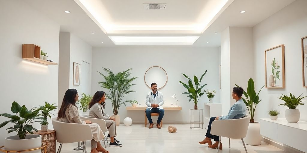 Interior de clínica de saúde moderna, com pacientes e médico.