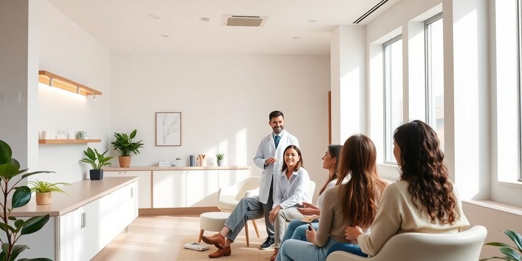 Grupo diverso de pacientes interagindo com um médico.