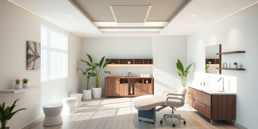 Interior de clínica de estética moderna e acolhedora.