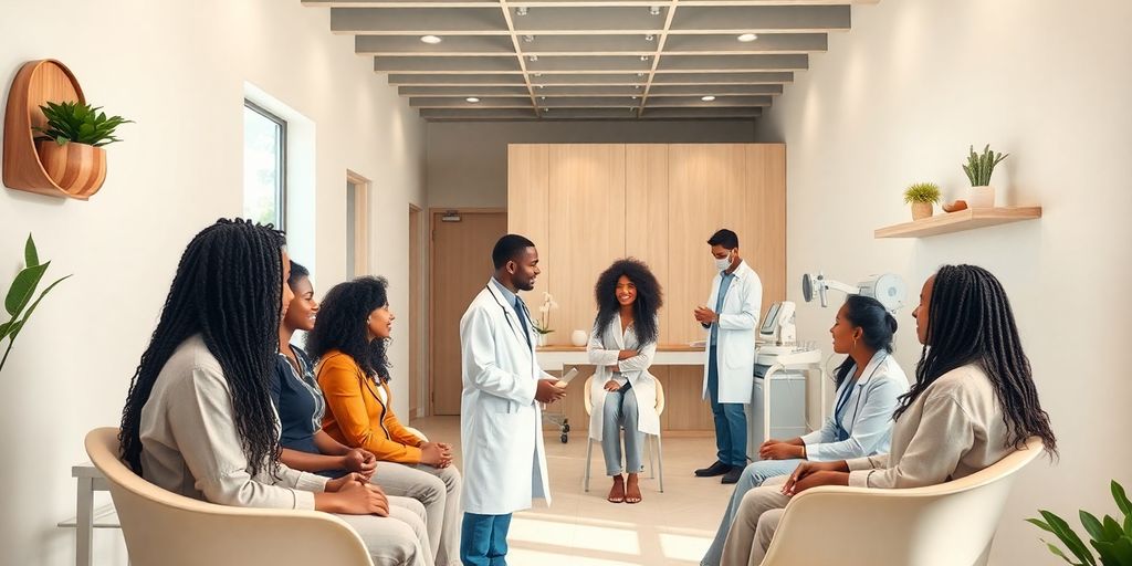 Interior de clínica de bem-estar com pacientes e médico.