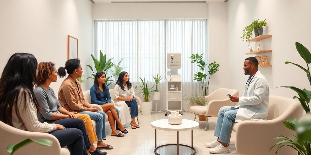 Interior de clínica de bem-estar moderno com pacientes.