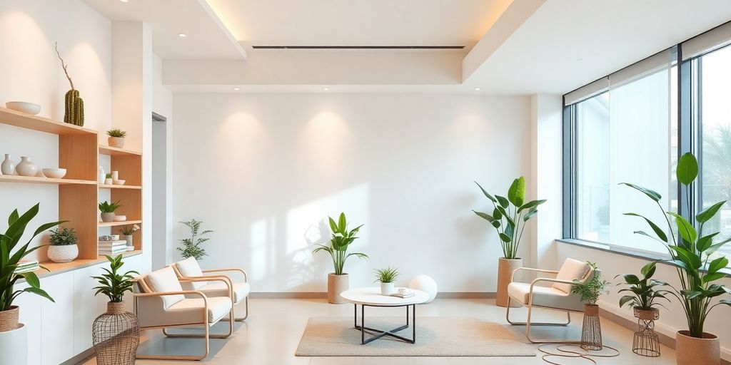 Interior de clínica de bem-estar moderna e minimalista.