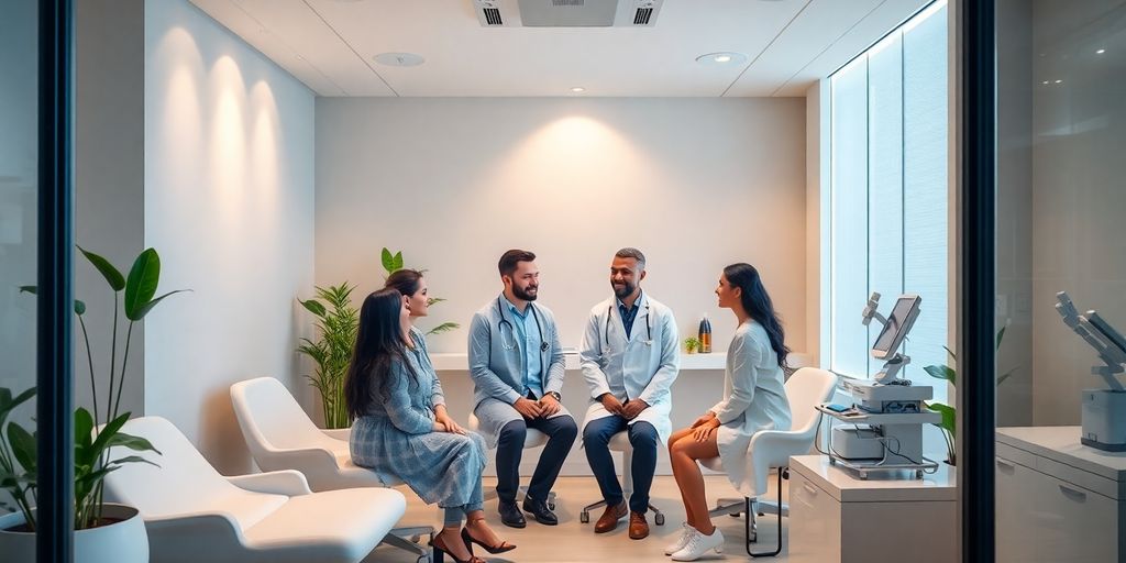 Interior de clínica de bem-estar moderna com pacientes e médico.