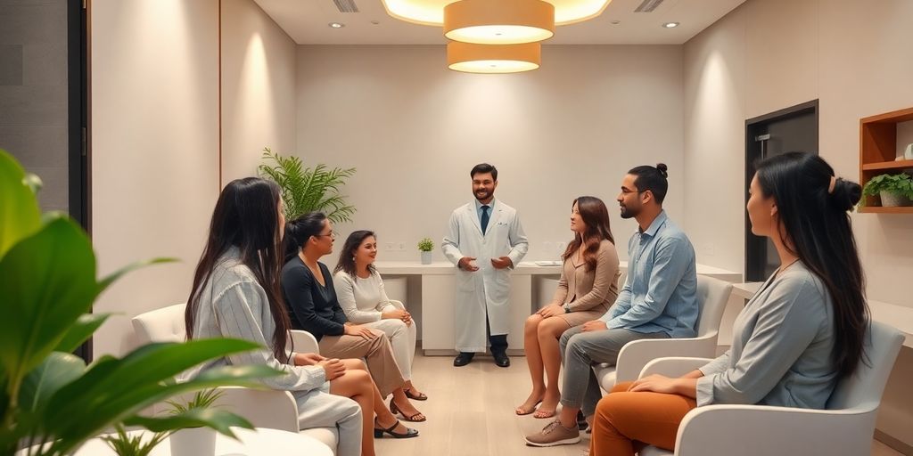 Interior de clínica de bem-estar moderna com pacientes.