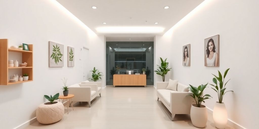 Interior de clínica de bem-estar moderna e acolhedora.