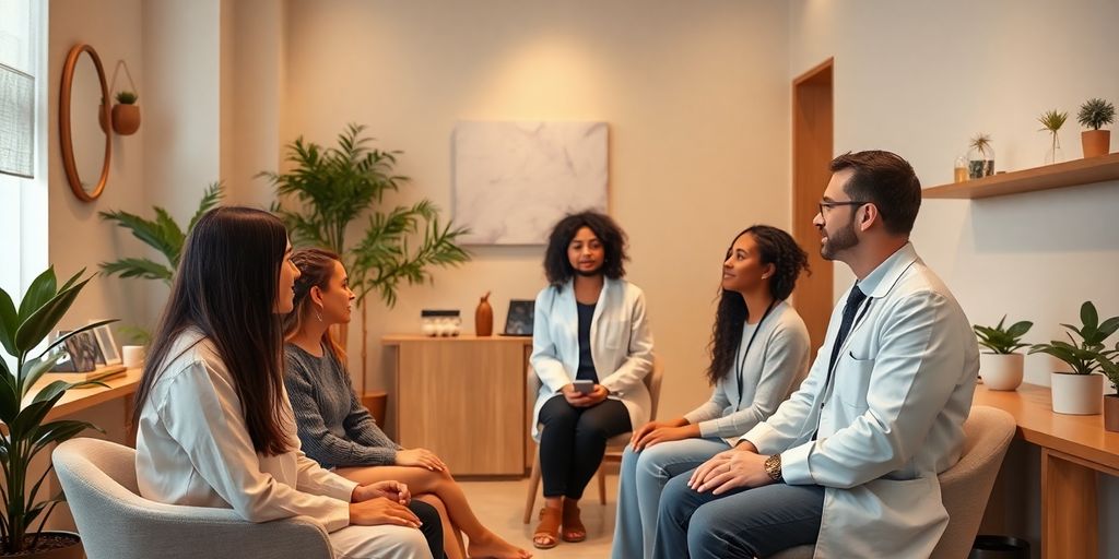 Interior de clínica de bem-estar moderno com pacientes e médico.
