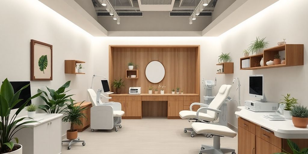 Interior moderno de clínica de bem-estar com pacientes.