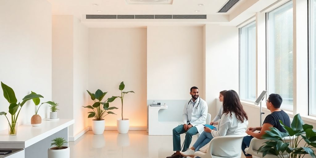 Consultório moderno com pacientes e médico em atendimento.