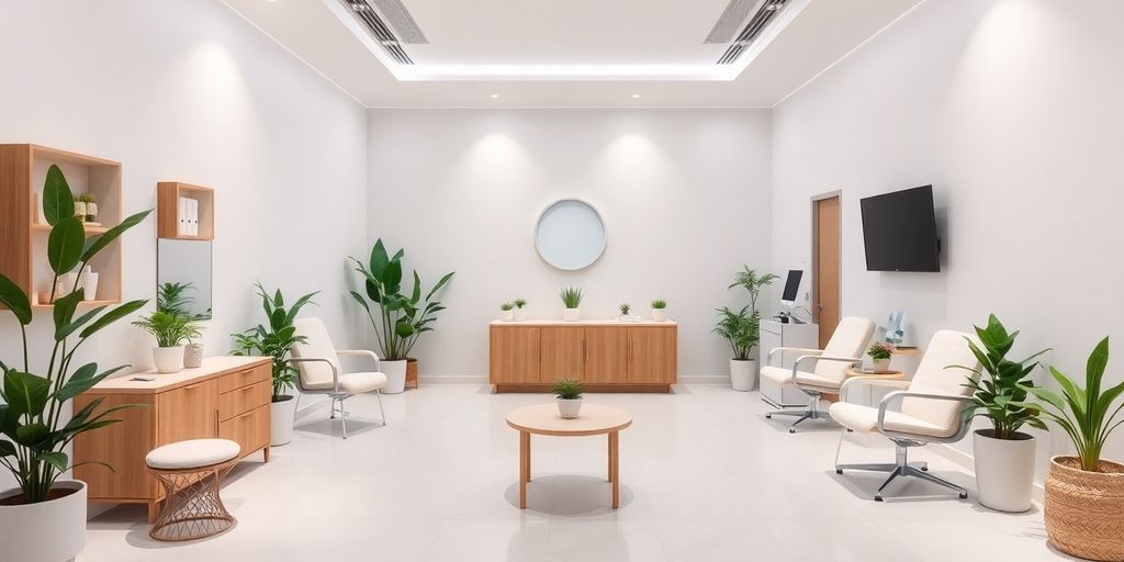 Interior de clínica de wellness moderna e elegante.