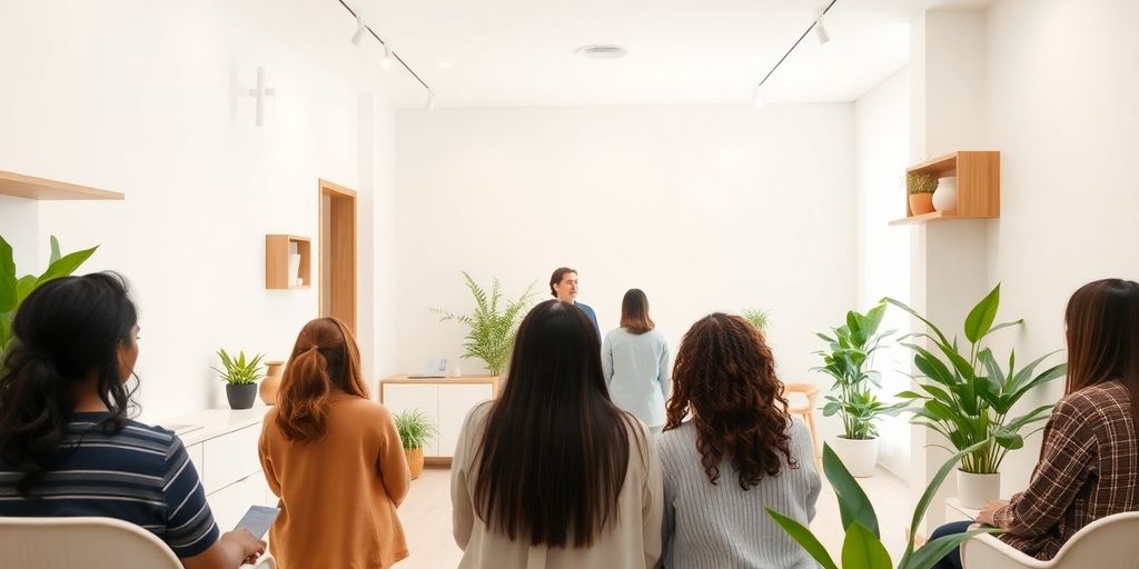 Interior de clínica de bem-estar moderna e minimalista.