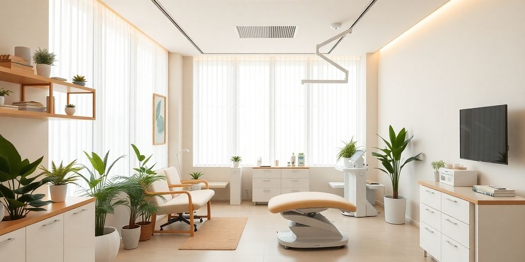 Interior de clínica de bem-estar com pacientes e médico.
