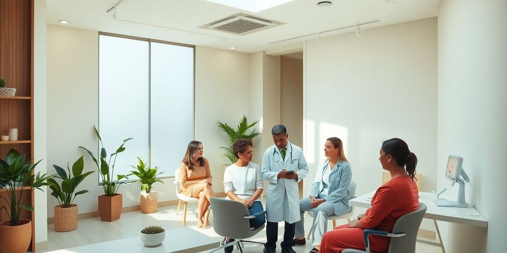 Interior de clínica de bem-estar com pacientes e médico.