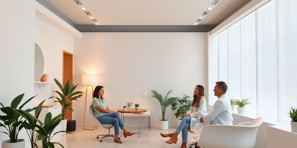 Interior de clínica de bem-estar moderno com iluminação suave.