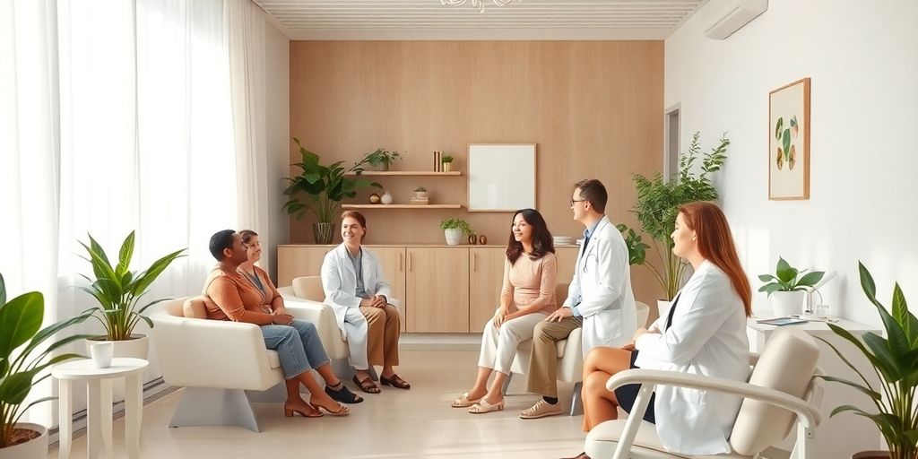 Grupo diversificado de pacientes com médico em clínica moderna.