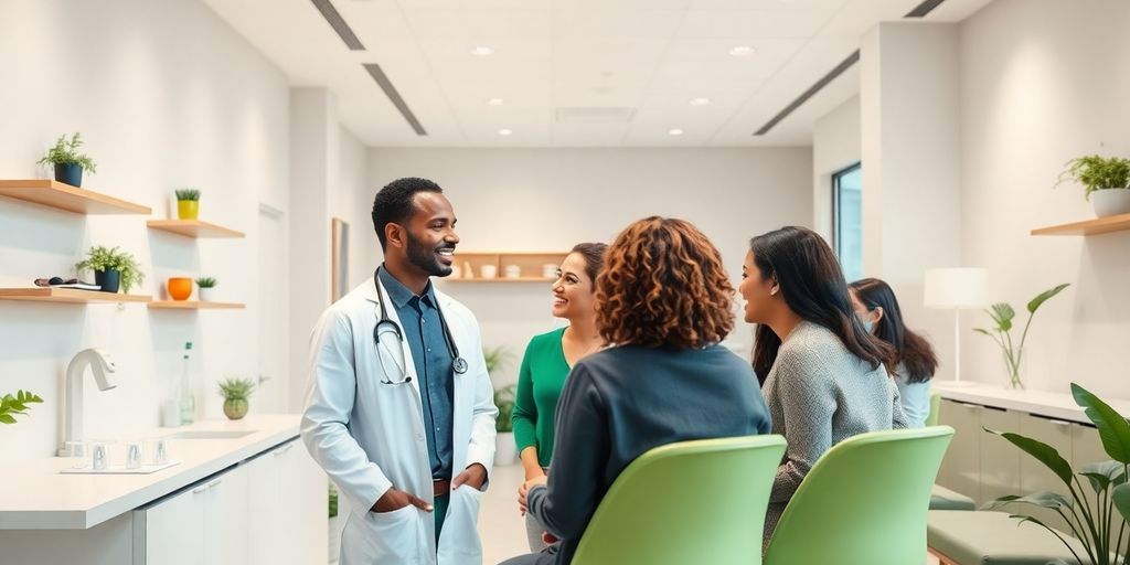 Grupo diverso de pacientes com médica em clínica moderna.