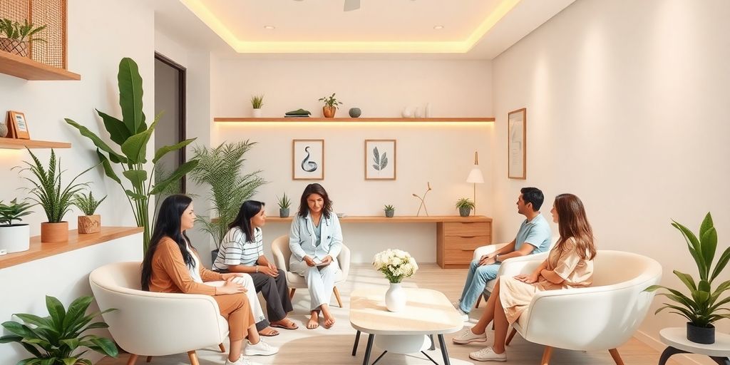 Interiores de clínica moderna com pacientes e médica.