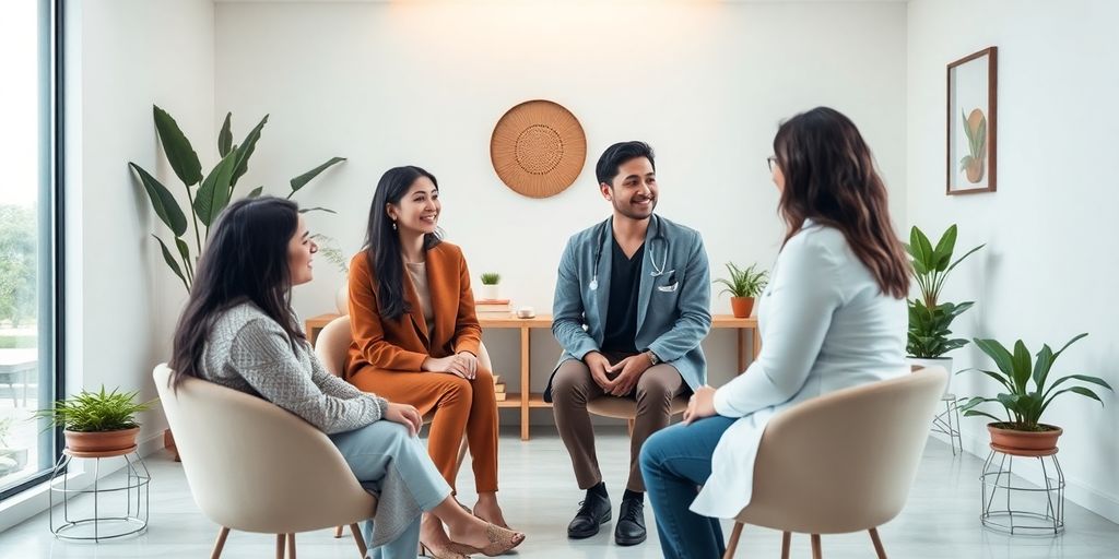 Consultório moderno com pacientes e médico, ambiente acolhedor.