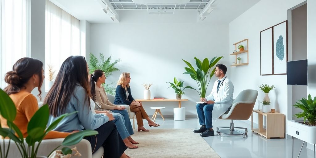 Interior de clínica de bem-estar com pacientes e médico.