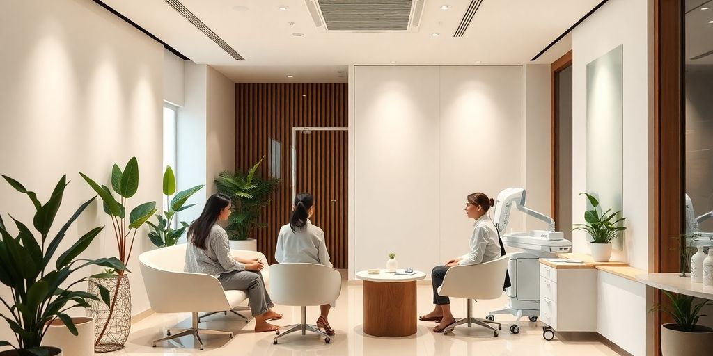 Interior de clínica de bem-estar moderna com pacientes.