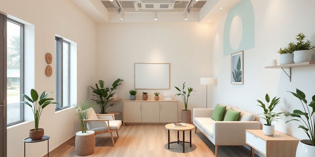 Interior de clínica de bem-estar moderno e minimalista.