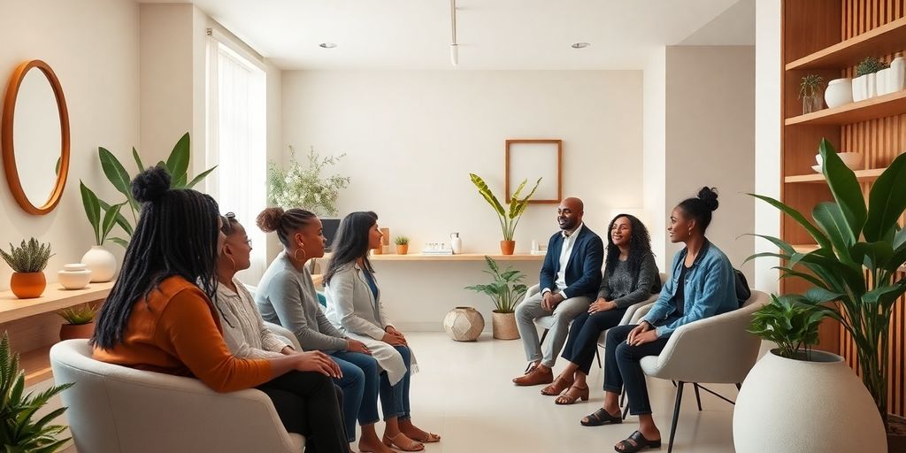 Interior de clínica de bem-estar moderna com pacientes.