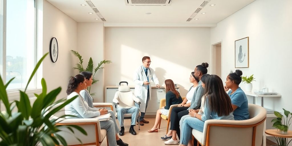 Interior moderno de clínica de bem-estar com pacientes.